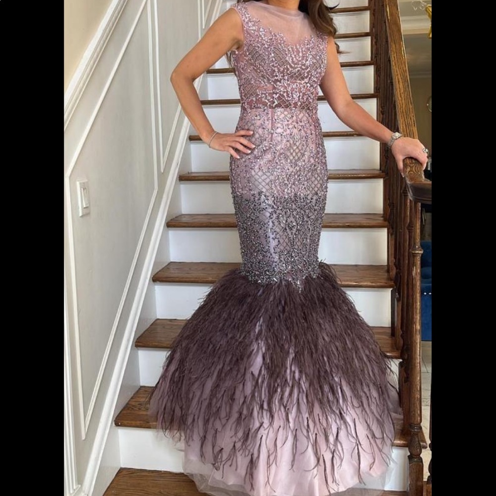 TERANI Blush Mauve Feather Illusion Neck Ombre Dress – 2021GL3577